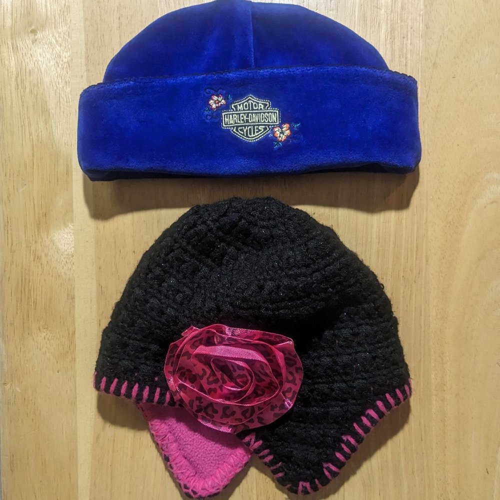 2 Infant Toddler Winter Caps - Harley Davidson Beanie & Crocheted Sherpa